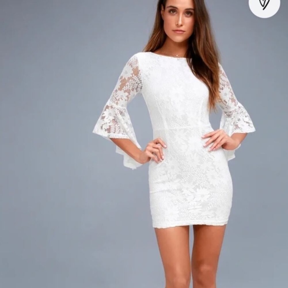 Lulus Allure 'Em In White Lace Bell Sleeve Bodycon Dress L